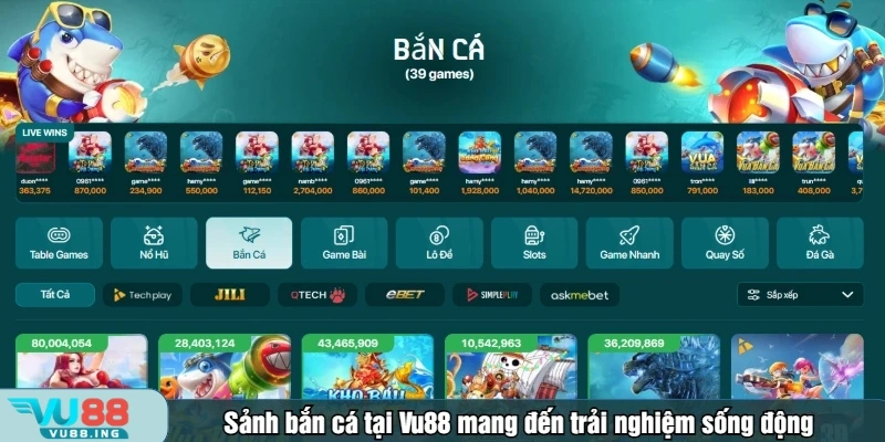 Sảnh bắn cá tại Vu88 mang đến trải nghiệm sống động